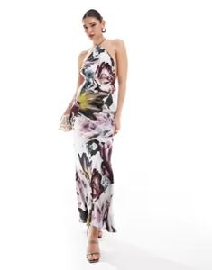 ASOS DESIGN satin halter maxi dress with shaped back detail in overscale floral print | ASOS Floral Print Maxi Halter Dress For Party, Floral Print Maxi Length Halter Dress For Party, Evening Floral Print Maxi Dress With Halter Neck, Floral Print Backless Maxi Dress For Evening, Backless Floral Print Maxi Dress For Evening, Backless Maxi Dress With Floral Print For Evening, Elegant Floral Print Halter Neck Maxi Dress, Elegant Halter Neck Maxi Dress With Floral Print, Elegant Backless Halter Dress With Floral Print