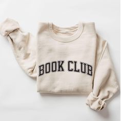 Book Club Sweatshirt, Cute Books Lover Sweatshirt, Gift for Librarian, Books Lover Teacher Gifts, Bookish Sweatshirt, Librarian Sweatshirt  ♥ WHY YOU WILL LOVE YOUR SWEATSHIRT ♥ * Unique cute gift for everyone that is incredibly easy and stress-free to order & receive * Softest quality 50% cotton, 50% polyester with loose fit that runs true to size (unisex) * Extreme comfort with no bulky side seams for great shape and fit that lasts * Collar is ribbed knit, so it retains its shape even after wa Bookish Sweatshirt With Letter Print And Crew Neck, White Bookish Sweatshirt With Letter Print, Bookish Cotton Sweatshirt With Letter Print, Cotton Letter Print Bookish Sweatshirt, Literary Tops With Letter Print For School, Literary Style Tops With Letter Print For School, Bookish Long Sleeve T-shirt With Letter Print, Literary Long Sleeve Tops With Letter Print, Literary Long Sleeve Cotton Tops