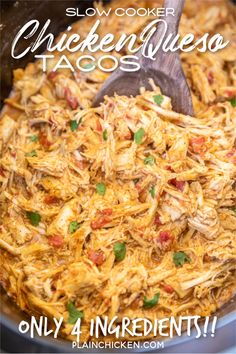 slow cooker quesadilla chicken tacos in a crock pot with a wooden spoon