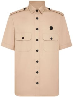 beige cotton classic collar epaulettes logo print to the rear appliqué logo front button fastening two chest flap pockets curved hem Military Shirt, Philipp Plein, The Military, Gothic Fashion, Cotton Poplin, Flap Pocket, Sleeve Cotton, Logo Print, Cotton Shirt