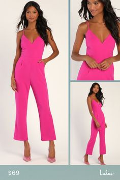 Set your reputation as the best dressed at the event in the Lulus Signature Cutie Hot Pink V-Neck Sleeveless Jumpsuit! Lightweight crepe knit shapes this eye-catching jumpsuit that has a V-neckline and a darted bodice, all supported by adjustable spaghetti straps. A high waist tops lightly pleated pant legs with cropped hems and convenient diagonal pockets. Hidden back zipper/clasp. Fit: This garment fits true to size. Length: Ankle length. Size medium measures 51" from adjustable straps to hem. Spring Party Strapless Jumpsuit With V-neck, Spring Strapless V-neck Jumpsuit For Party, V-neck Strapless Jumpsuit For Evening In Spring, Pink Strapless Sleeveless Jumpsuit For Date Night, Pink Sleeveless Jumpsuit For Date Night, Sleeveless Pink Jumpsuit For Date Night, Pleated Pant, Lulu Fashion, Best Dressed