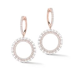 Life's a little brighter with bursts of diamonds. These earrings drop from a latch back which is adorned with round brilliant-cut, prong-set diamonds. This seriously stunning pair is sure to achieve a cheerful, polished look. -18K gold weighing 6.13 grams -142 round prong-set brilliant-cut diamonds totaling 1.85 carats. Available in yellow, white, and rose gold. Please allow 4-6 weeks for delivery if item is not in stock. Item no. E10961 Crystal Earrings Aesthetic, Wedding Rings Heart, Drawing Jewellery, Earring Huggies, Prom Jewelry Earrings, Simple Diamond Earrings, Rings Heart, Pink Wedding Rings, Heart Wedding Rings