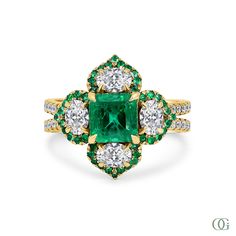 Yellow Gold Emerald Cluster Ring With Center Stone, Timeless Emerald Ring With Prong Setting Princess Cut, Timeless Yellow Gold Emerald Diamond Ring, Timeless Emerald Diamond Ring In Yellow Gold, Timeless Yellow Gold Diamond Ring With Emerald, Timeless Emerald Gemstone Wedding Ring, Formal Emerald Ring With Halo Setting, Heirloom Emerald Diamond Ring For Formal Events, Timeless Princess Cut Emerald Ring With Prong Setting