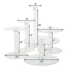 three tiered clear glass cake stand with measurements for each plate and the top portion