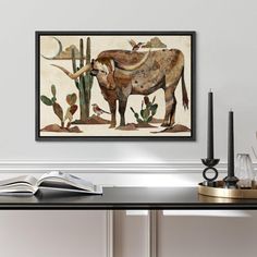 an animal painting on the wall above a table