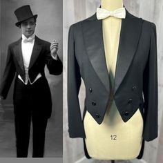 c1910s RARE EDWARDIAN MENS FULL DRESS EVENING WAIST COAT JACKET / TAIL COAT / TUXEDO JACKET. A RARE WEARABLE PIECE. INKY BLACK WOOL JACKET WITH TAILS. UNIQUE BLACK  GLASS BUTTONS. FEATURING CLASSIC TUXEDO DETAILS (SHORT CROPPED LENGTH IN FRONT, OPEN FRONT & WAIST, AND TEXTURED COLLAR THAT IS SIMILAR TO GROSGRAIN RIBBON) INCLUDES 6 DIAGONAL BUTTONS IN FRONT, 2 AT THE TOP OF THE TAILS IN BACK, and ON THE SLEEVE CUFFS. LABELED BY THE ORIGINAL TAILOR/SHOP -SEE PHOTOS) SEE BELOW FOR MEASUREMENTS AND CONDITION NOTES.  (*shown here together in a couple of photos with a Bow tie and shirt that are sold separately).  SIZE/MEASUREMENTS: Approximately SIZE 12 FOR WOMEN (photographed on a modern size 12 dress form). Measures out to be a mens 38S. For best fit, always refer to measurements (see below). 1800s Tuxedo, Cropped Tuxedo Jacket Outfit, Vintage Fitted Outerwear For Wedding, Fitted Suit Costume For Winter, Fitted Winter Costume Suit, Victorian Long Sleeve Outerwear For Formal Occasions, Victorian Long Sleeve Formal Outerwear, Vintage Single Breasted Fitted Suit, Vintage Fitted Single Breasted Suit