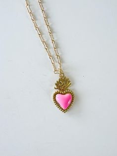 14 in Catholic Sacred Heart Necklace | 14k Gold Filled Chain | 18k Gold Filled Charm This beautiful 14-inch necklace features a 14k gold-filled crinkle cable chain paired with an 18k gold-filled Sacred Heart of Jesus charm, accented in pink enamel. Anti-tarnish and hypoallergenic, it's perfect for daily wear and a meaningful addition to your jewelry collection. Pink 14k Gold Jewelry With Heart Charm, 14k Gold Pink Jewelry With Heart Charm, 14k Gold Filled Pendant For Valentine's Day, 14k Gold Filled Pendant Jewelry For Valentine's Day, 14k Gold Filled Adjustable Chain Jewelry For Valentine's Day, Pink Heart-shaped Gold Plated Necklace, Trendy Yellow Gold Jewelry For Valentine's Day, Pink Gold Delicate Chain Jewelry Gift, Pink Gold Plated Necklace For Valentine's Day