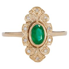 14 k solid gold ring with natural emerald and diamonds. May birthstone ring. 14k solid gold Total weight: 3.4 g. depends from size Natural gemstones (all are tested by professional gemmologist): Emerald: oval cut, weight - 0.70 ct, transparent with inclusions, green color Diamonds: 10 pieces x 0.01 ct - 0.10 ct total, H/ SI, round brilliant cut. Emerald Gold Ring, Mens Emerald Rings, Art Deco Emerald Ring, Emerald Ring Vintage, Gold Leaf Rings, Emerald Wedding Rings, Vintage Gold Rings, Vintage Inspired Rings, Zierlicher Ring