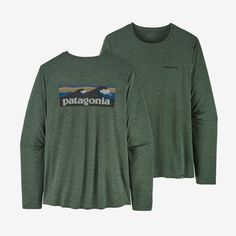 Patagonia Men's Long-Sleeved Capilene® Cool Daily Graphic Shirt Functional Tops For Outdoor Activities In Solid Color, Functional Solid Tops For Outdoor Activities, Functional Relaxed Fit Outdoor Tops, Green Breathable Tops For Outdoor, Green Long Sleeve Activewear For Outdoor, Breathable Relaxed Fit Outdoor Tops, Upf 50+ Crew Neck Top For Outdoor Activities, Green Sporty Tops For Outdoor, Moisture-wicking Long Sleeve Recycled Polyester Tops