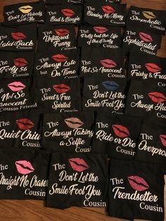 several black bags with different types of lipstick printed on them and the words, i don't let the tongue fool you cosmin