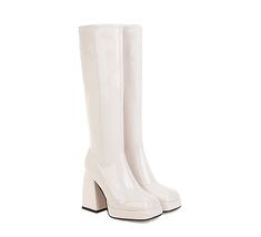 Type: Knee-High BootsGender: FemaleSeason: Demi-seasonStyle: Casual;Business;Cocktail;Evening;WeddingUpper Material: Faux leatherInner Material: TextilesSole Material: RubberHeel Type: Heel + platformCasual Footwear Features: Closed noseClosure Type: Without claspMain Pattern: plainToe: SquareHeel Height: approx. 10cmPlatform Height: approx. 2cmShaft Height: approx. 48cmCircumference: approx. 33cm(The measured data is Manufacturer's Size 36)Package Contents: 1 x Shoes (Pair)Please see our size g Fitted White Platform Boots For Fall, Summer Party High Heel Platform Boots, Summer Party Platform Boots With Round Toe, Chic White Fitted Platform Boots, Chic Fitted White Platform Boots, Fitted Wedding Boots For Spring, Trendy Summer Platform Party Boots, Trendy Summer Platform Boots For Party, Trendy Summer Party Platform Boots