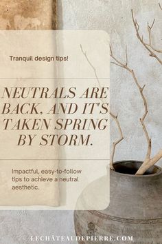 a vase sitting next to a sign that says neutrals are back and it's taken spring by storm