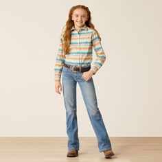 A versatile, easy-to-wear jean that goes from school to the barn and everywhere in between. Laser detailing on the back pockets adds iconic Ariat style. Style: 10051880 Five-pocket styling Slim fitting through thigh 17" boot cut leg opening stacks perfectly over boots Model is 4'7" wearing size 10 12.6 oz ring-spun denim Performance Stretch lets the fabric move with your body 99% Cotton, 1% Elastane Men Workwear, Twisted X Boots, Classic Boots, The Barn, Hats For Sale, Boot Cut Jeans, Girls Boots, Shoes Booties, Waterproof Boots