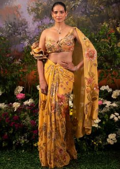 Nargis Sari Designer Sari, Hand Prints, Traditional Styles, Draped Skirt, Ruffle Sleeves, Indian Dresses, Right Side, Traditional Style, One Shoulder Blouse