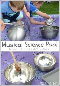 a collage of pictures showing how to use musical science pool for kids and toddlers