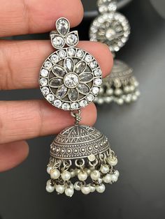 Oxidized silver earrings | jhumki all Blouses come with margin inside for resizing / customization, please leave a message Ornate Silver Jhumkas For Festive Season, Sterling Silver Oxidized Drop Jhumkas, Festive Handmade Sterling Silver Jhumkas, Festive Sterling Silver Meenakari Jhumkas, Ornate Silver Metal Jhumkas, Oxidized Silver Earrings, Oxidized Silver, Silver Earrings, Jewelry Earrings Dangle