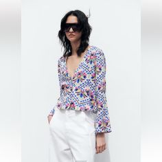 Cropped Shirt With Flower Patterns, Long Sleeves, Brand New With Tags. Armpit To Armpit 21, Length 21 Multicolor V-neck Shirt For Summer, Multicolor V-neck Summer Shirt, Trendy V-neck Blouse With Vibrant Print, Vibrant Print V-neck Top For Brunch, Multicolor V-neck Shirt For Beach, Patterned V-neck Tops For Vacation, Chic Multicolor Print V-neck Blouse, Colorful V-neck Top For Vacation, Printed Long Sleeve Summer Blouse