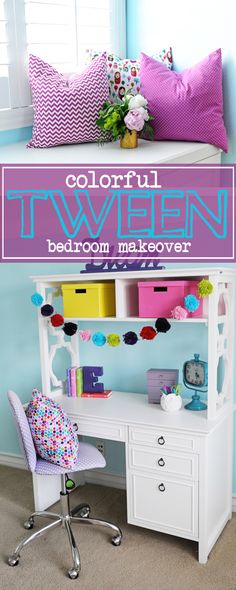 a white desk sitting under a window next to a purple and blue sign with the words colorful tweeen bedroom makeover