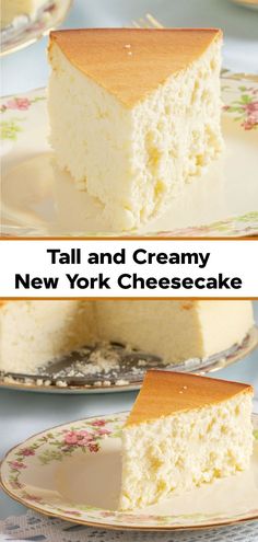 two pictures showing different types of cheesecakes with the words tall and creamy new york cheesecake