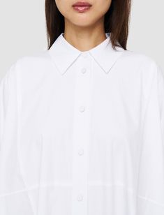 Poplin Dania Dress in White | JOSEPH US Oversized White Cotton Shirt Dress, Oversized Cotton Shirt Dress With Button Cuffs, Long Sleeve Cotton Shirt Dress With Cuffed Sleeves, Cotton Shirt Dress With Cuffed Long Sleeves, Cotton Long Sleeve Shirt Dress With Cuffed Sleeves, Oversized Collared Cotton Shirt Dress, Cotton Shirt Dress With 3/4 Sleeves For Work, Classic Oversized Shirt Dress With Spread Collar, Oversized Shirt Dress With Rolled Sleeves For Daywear