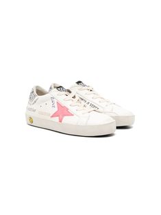 white/fluorescent pink/silver-tone nappa leather logo patch at the tongue signature star patch to the sides glitter contrasting branded heel counter front lace-up fastening round toe branded insole vulcanised-rubber sole Golden Goose Kids, Kids Golden Goose, Golden Goose With Writing, Golden Goose Sneakers Velcro, Golden Goose Sky Star, Golden Goose Co Creation, Sneakers Kids, Goose Sneakers, Girls Shoes Kids