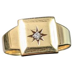 This vintage Art Deco era 9ct yellow gold Diamond signet ring is simply lush! The perfect pinky ring rich yellow gold with a squared face and a central star set white diamond approx 0.10ct. The face has a lightly engraved border but some of this has been loved away from years of wear. It has a nice chunky feel to it and the star setting of the diamond gives this a nice little celestial twist. A gorgeous vintage signet ring to add to your collection! Marks and era: The band is fully hallmarked fo Star Setting, Diamond Signet Ring, Gold For Sale, Vintage Star, British Art, Art Deco Era, Art Deco Diamond, Pinky Ring, Vintage Diamond