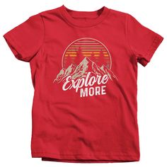 "Kids Hiking T Shirt Hiker Shirt Explore More Mountains Shirt Hiker Gift Camping Tee Mountains Shirt Boy's Girl's Youth Get there when you do! Hiking can be so freeing. This t shirt is perfect for any hiker or camper. It features vintage colors, a mountain range and distressed fonts. It simply reads 'Explore More'. Made of soft, ring spun cotton. Includes a drawstring cotton gift bag. Direct to garment printed using the latest technology. Soft, ring spun cotton. Please check out my other Etsy It Red Short Sleeve T-shirt For Outdoor, Cotton Tops With Front Print For Outdoor Activities, Short Sleeve Tops With Text Print For Adventure, Graphic Print Cotton Top For Outdoor Activities, Outdoor Short Sleeve Slogan Tops, Casual Red T-shirt For Outdoor Activities, Red Cotton Tops For Outdoor Activities, Red Short Sleeve T-shirt For Outdoors, Cotton Slogan Tops For Outdoor Activities