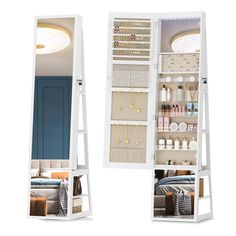 two white shelves filled with jewelry and other items next to each other in front of a mirror