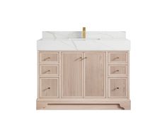 an image of a bathroom vanity with marble top and wooden cabinetry on white background