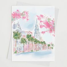 a card with watercolor painting of pink flowers and palm trees in front of a church