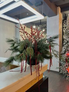 a vase filled with red flowers sitting on top of a counter next to a christmas tree