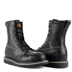 Style: 8046208 **Please allow 2 weeks or longer for shipment.** The Midnight Series 8″ black safety toe moc toe work boots are part of the popular American Heritage line. These black steel toe work boots give you added protection with the 8-inch shaft height, while the slip-resistant MAXWear Wedge™ outsole is slip and oil resistant. The durable Goodyear storm welt construction will give you years of worry-free wear, plus they can be easily resoled once the time comes. And, both the full-grain le Thorogood Boots, Boots Store, Steel Toe Boots, Steel Toe Work Boots, The Midnight, Rubber Boots, Boot Accessories, American Heritage, Black Steel