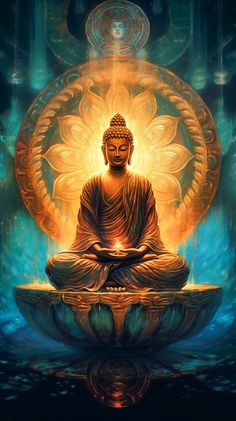 a buddha statue sitting in the middle of a body of water with an orange light behind it