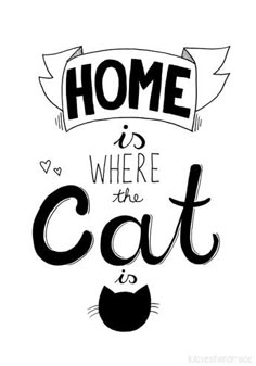 a black and white poster with the words home is where the cat is