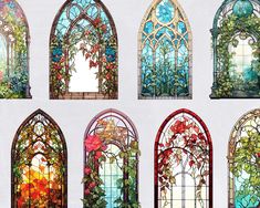 six stained glass windows with flowers and vines on them