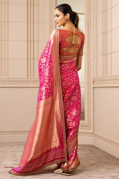 Fuchsia Kashmir brocade saree with a floral pattern all-over. Comes with a unstitched blouse fabric. Component: 2 Pattern: Woven Type Of Work: Floral Fabric: Brocade Color: Pink Other Details:  Note: Blouse worn by the model is not for sale Occasion: Wedding - Aza Fashions Tarun Tahiliani Saree, Saree Women, Brocade Saree, Indian Colours, Saree For Women, Tarun Tahiliani, Saree Trends, Indian Fashion Designers, Pink Saree