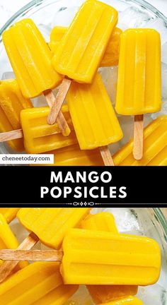 mango popsicles in a glass bowl with text overlay