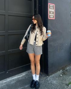 What makes your morning coffee run even better? Our 100% Organic Cotton Cropped Cardigan with its lightweight, cozy, and chic vibe. We love it here with some gingham shorts and classic black loafers. Always affordably priced at $49.90. Short And Cardigan Outfit, Copen Hagen Fashion, Outfit With Cropped Cardigan, 2024 Loafers Outfit, Gingham Fall Outfit, Farmhouse Clothing Style, Outfit Inspo Casual Chic, La Fall Fashion, One Button Cardigan Outfit