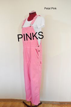 "PLEASE LOOK OVER THE DETAILS AND MEASUREMENTS LISTED BELOW BEFORE ORDERING! THANK YOU! Custom Dyed Bib Overalls. Rugged Blue Brand 100% Cotton Bib Overall Pants - Dyed per request of customer color. This listing is a custom request. You choose the size and color. I will acquire the Cotton Painters Bib to be dyed in the color of your choosing. The bib overalls will be a NEW pair of Painters Overalls with cotton straps. Please allow 1 week to complete the process. I have multiple sizes in stock a Pink Relaxed Fit Cotton Overalls, Fitted Pink Overalls With Pockets, Pink Spring Overalls, Pink Overall Bottoms For Spring, Fitted Pink Overalls, Pink Fitted Overalls, Painters Overalls, Overall Pants, Overalls Shorts