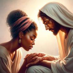 a painting of jesus and a woman kneeling down to touch her hands with the sun shining behind them