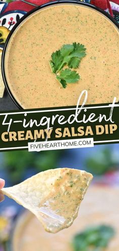 a hand holding a tortilla chip with cream salsa dip in it and the text, 4 ingredients creamy salsa dip