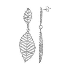 An elegant leaf pattern makes these sterling silver earrings a chic addition to you look. An elegant leaf pattern makes these sterling silver earrings a chic addition to you look. Length: 2.5 in. Metal: sterling silver Plating: rhodium Finish: polished, satin, textured Packaging: boxed Backings: post Please note, due to the high value of this item, a signature may be required upon delivery. Size: One Size. Gender: female. Age Group: adult. Elegant Leaf-shaped Formal Jewelry, Elegant Leaf-shaped Jewelry For Formal Occasions, Elegant Sterling Silver Leaf Jewelry, Elegant Sterling Silver Leaf-shaped Jewelry, Elegant Leaf-shaped Jewelry, Elegant Leaf-shaped Formal Earrings, Elegant Leaf-shaped Sterling Silver Earrings, Elegant Leaf-shaped Earrings For Formal Occasions, Elegant Silver Leaf Jewelry