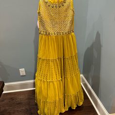 Mustard Yellow Party Wear Gown With Work My Daughters Is Size 7 Same Exact Design Georgette Gown, Yellow Party, Party Wear Gown, My Daughters, Gold Yellow, Mustard Yellow, Mother Daughter, Party Wear, Mustard