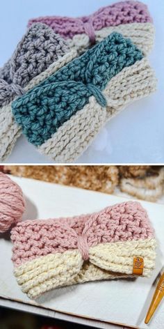 crocheted headbands made with yarn are shown