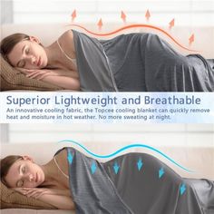 a woman laying on top of a bed under a blanket with the words superlight and breathable