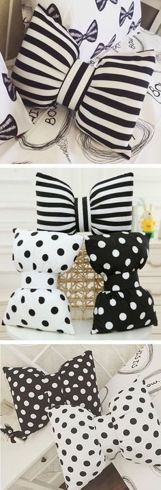 black and white polka dot bow ties are on display in three different pictures, one is tied to a pillow