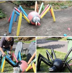 there is a spider sculpture made out of balloons and other things in the yard,