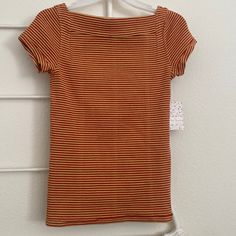 New With Tags, In Original Condition, This Vintage Stylish Sweater Shirt In Lovely Colors Of Red And Orange. Soft And Stretchy, 98% Cotton, 2% Elastane. Womens S. Casual Orange Stretch Blouse, Casual Stretch Orange Blouse, Striped Fitted Tops For Fall, Fitted Striped Tops For Fall, Striped Short Sleeve Tops For Fall, Red Fitted Cotton Tops, Brown Retro Stretch Top, Retro Brown Stretch Top, Red Stretch Shirt For Summer