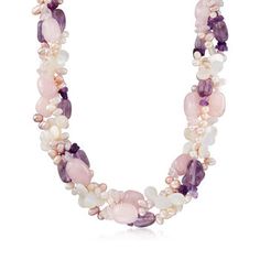 Ross-Simons - Cultured Pearl, Rose Quartz, Amethyst Torsade Necklace. 18". A striking display of blush hues, this torsade necklace will leave people staring! It boasts five strands of 8mm cultured freshwater semi-baroque pearls, 330.00 ct. t.w. rose quartz beads and 145.00 ct. t.w. amethyst beads with a polished sterling silver lobster clasp. Includes a 2" extender. Amethyst, rose quartz and white pearl torsade necklace. Pearl birthstones are the perfect gift for June birthdays. Elegant Amethyst Rondelle Necklaces, Elegant Amethyst Rondelle Necklace, Elegant Pink Multi-stone Necklace, Pink Rondelle Elegant Jewelry, Elegant Pink Rondelle Jewelry, Elegant Lavender Multi-stone Jewelry, Elegant Lavender Necklaces With Gemstone Beads, Elegant Amethyst Rondelle Jewelry, Pink Amethyst Jewelry With Gemstone Beads