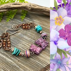 "Nature you can wear... Elements include... ~ Purple iridescent carved glass butterflies  ~ Semi precious Turquoise gemstones,  with copper & glass beads, copper chain and clasp  ~ fit wrists 6 1/4\" thru 7 1/2\". Convo for custom sizing. ~ finished with a hand forged copper hook closure  My cat Blossom loves assisting in my designs😻 Thanks for shopping❤️" Adjustable Bracelet With Butterfly Clasp, Bohemian Butterfly Jewelry, Bohemian Butterfly Charm Jewelry For Jewelry Making, Bohemian Jewelry With Butterfly Charm For Jewelry Making, Adjustable Bohemian Jewelry With Butterfly Charm, Bohemian Butterfly Bracelets As Gift, Bohemian Butterfly Bracelet Gift, Bohemian Butterfly Bracelet, Adjustable Multicolor Butterfly Jewelry